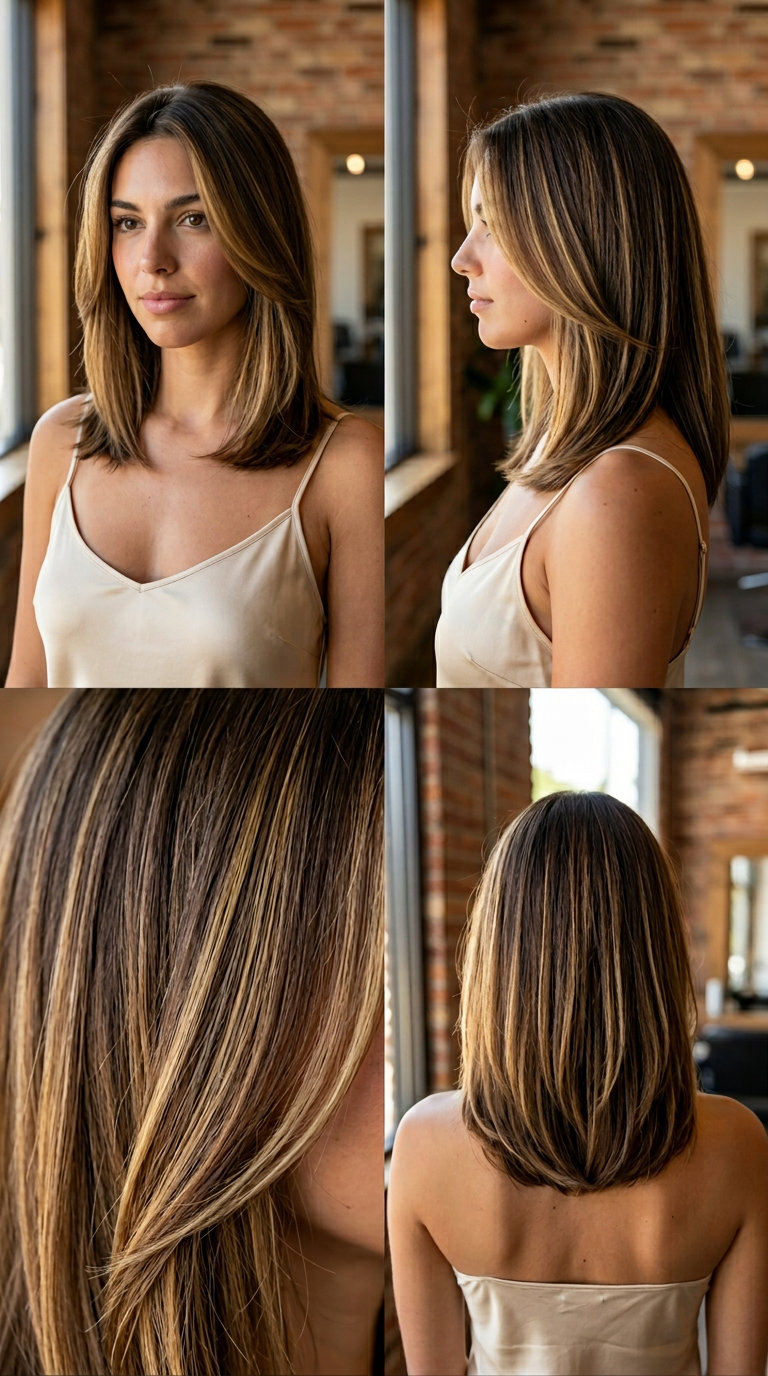 long layered walnut brown hair with golden honey balayage, face-framing highlights for summer