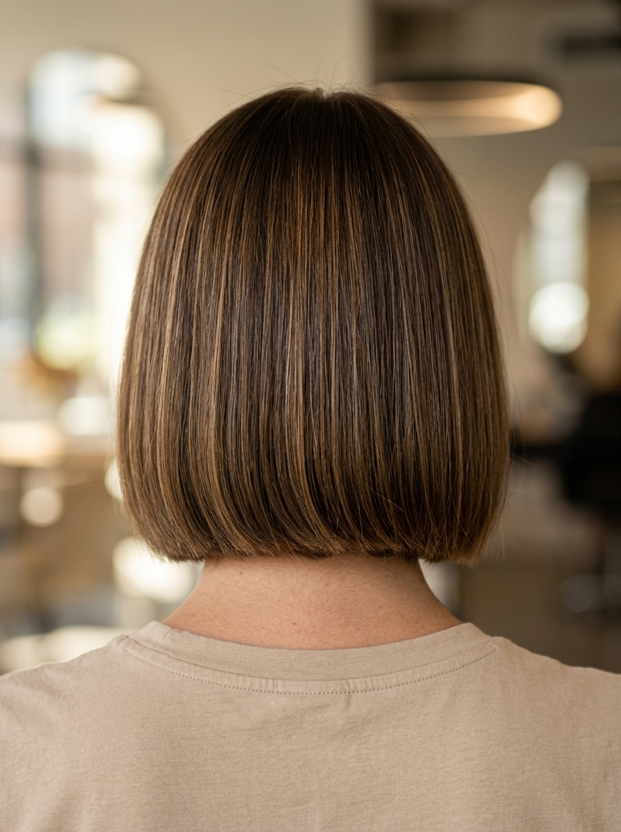 short blunt walnut brown hair with golden honey balayage, face-framing ribbons for classic bob