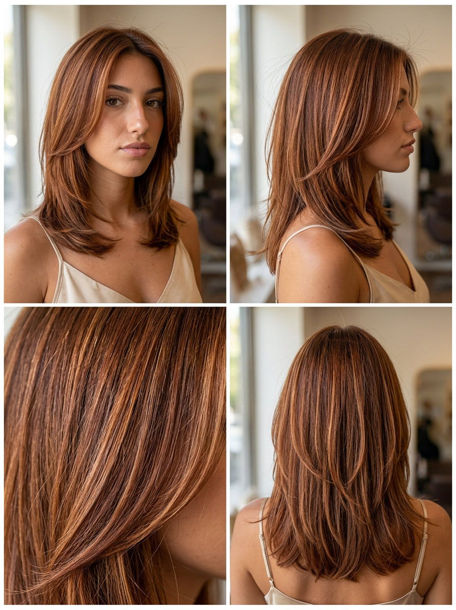 long layered warm auburn with golden copper highlights for beach vacations
