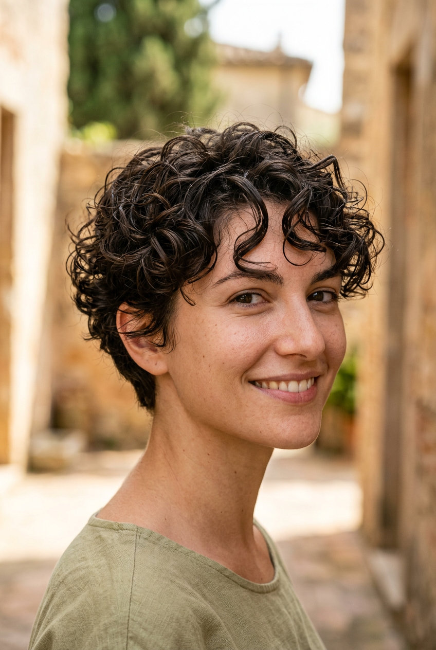 very short pixie haircut with warm brown color, caramel babylights for summer