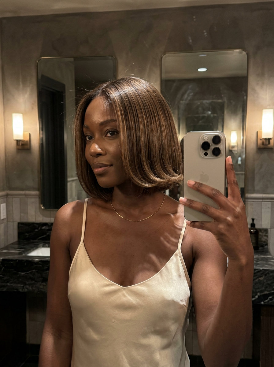 Warm Brunette Flipped Bob 2026 chin-length bob haircut with warm brunette, honey lowlights, and blunt ends for summer