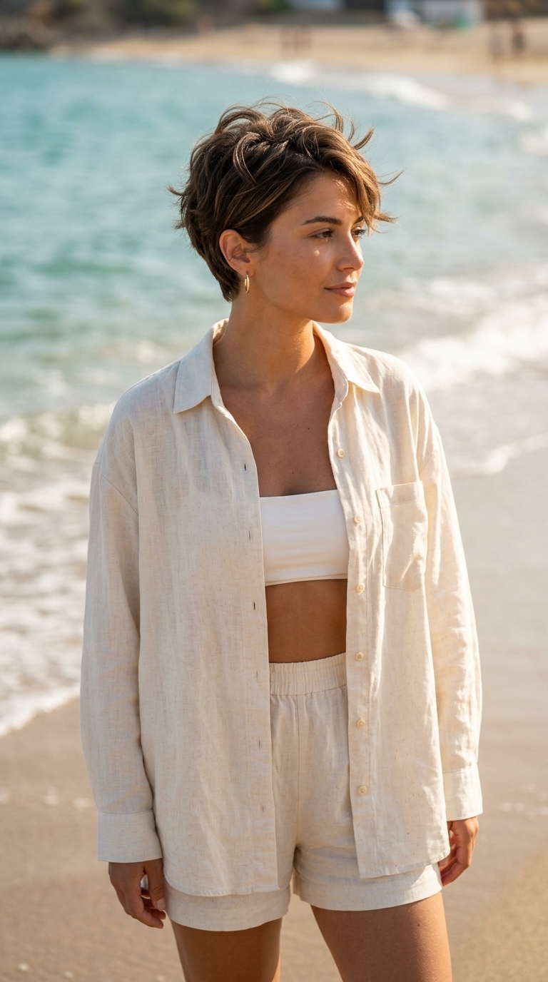 short pixie haircut with natural warm brunette and subtle highlights for effortless style