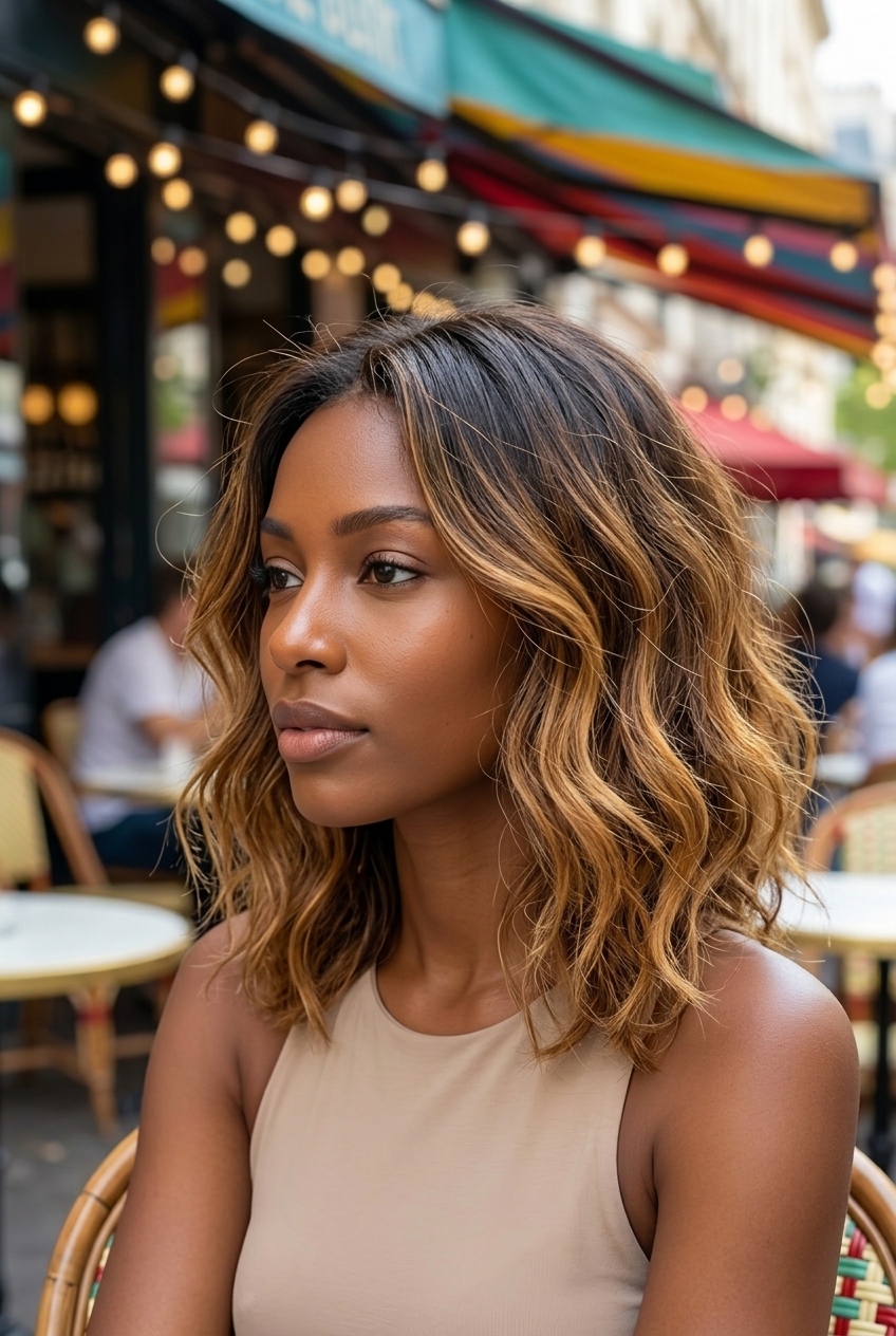 short tousled haircut with warm ombré and golden caramel for French chic look