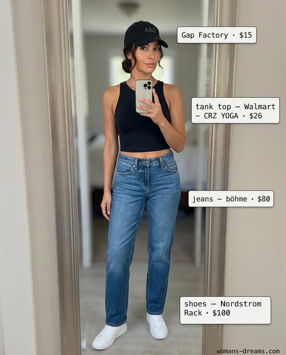 Athleisure outfit: mom jeans, black crop top, belt bag, sneakers, baseball cap. What to wear with mom jeans summer 2026.