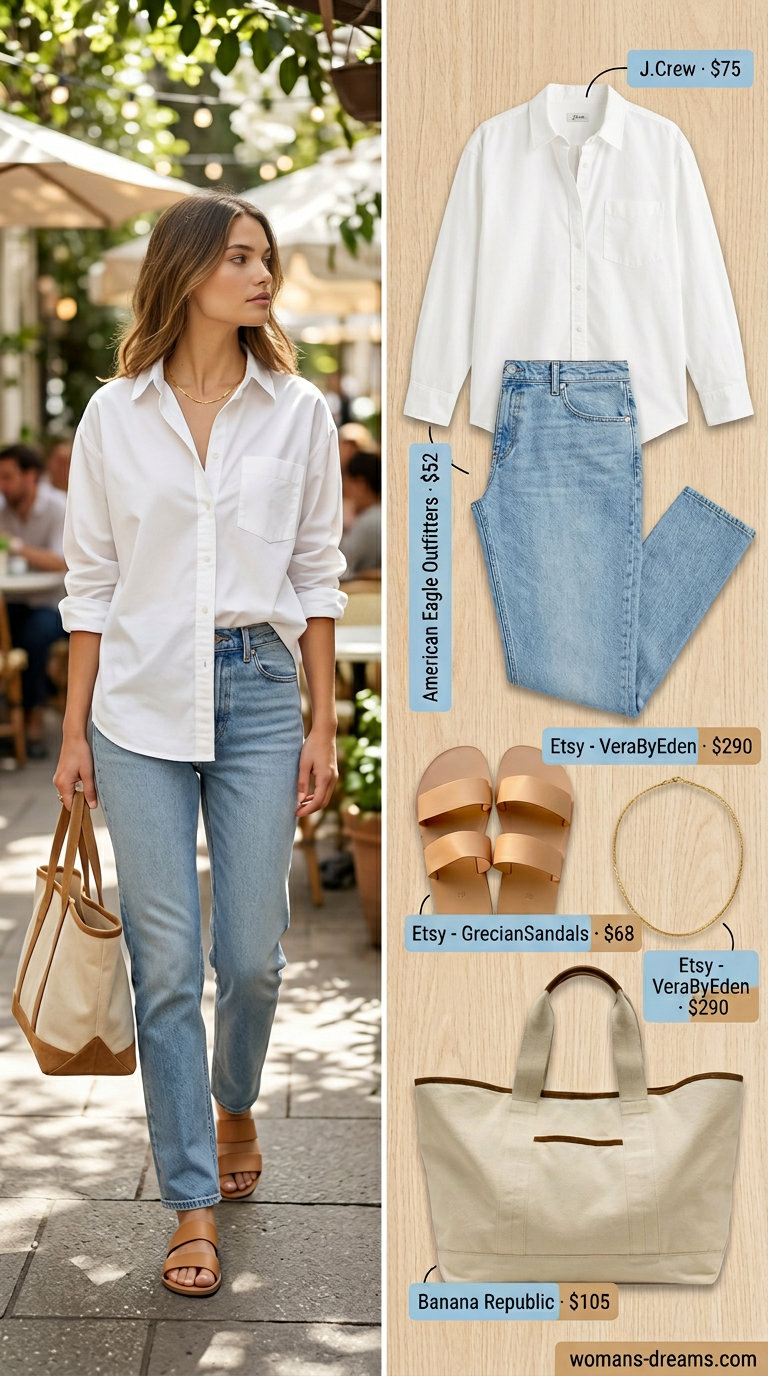 Brunch outfit: oversized shirt, mom jeans, slide sandals, canvas tote. What to wear with mom jeans summer 2026.