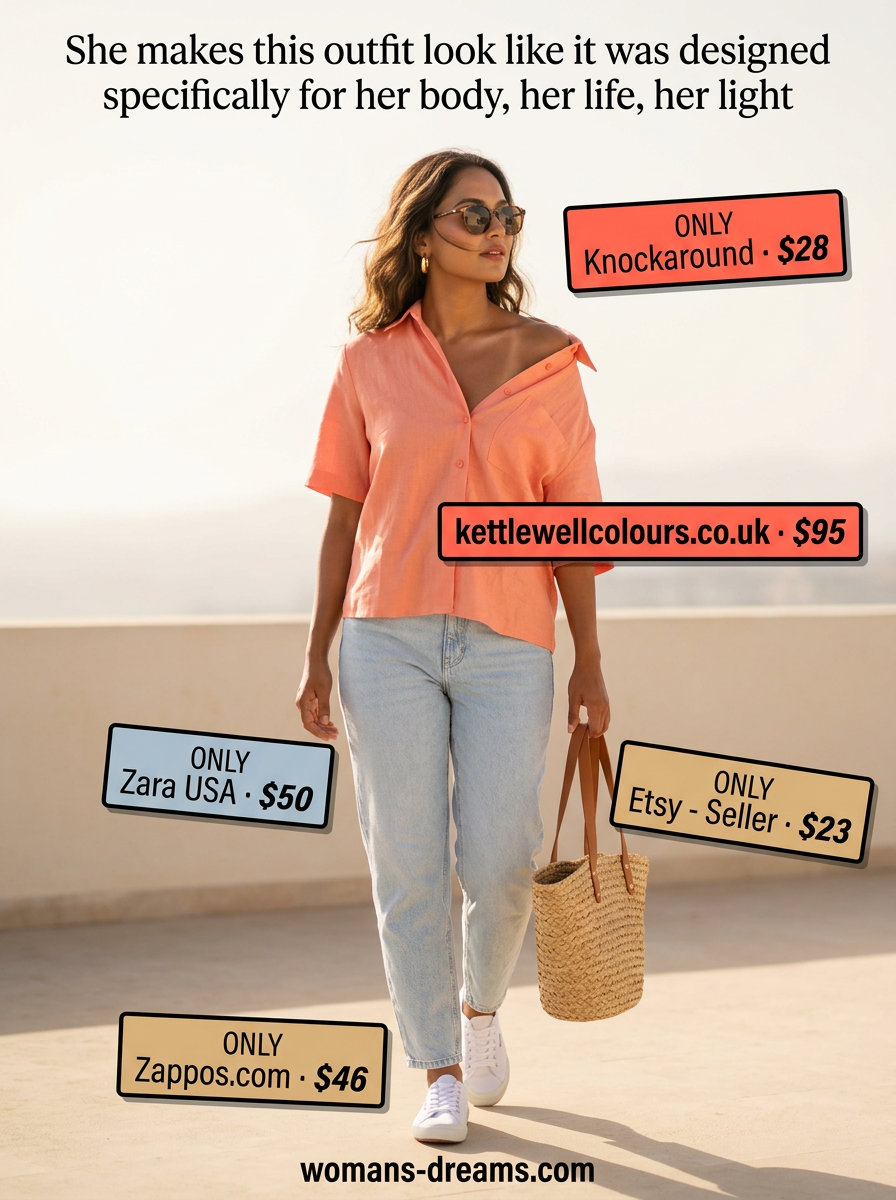 Coastal outfit: mom jeans, linen blouse, canvas sneakers, straw tote, sunglasses. What to wear with mom jeans summer 2026.