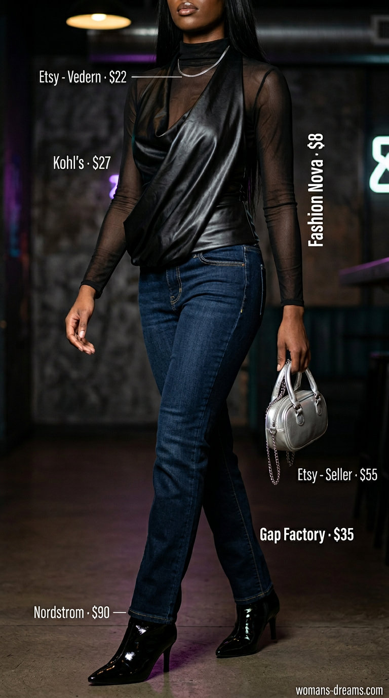 Edgy night out outfit: dark mom jeans, cowl neck cami, sheer top, heeled boots. What to wear with mom jeans summer 2026.