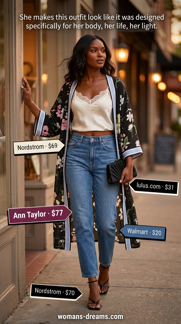 Elegant evening outfit: mom jeans, lace cami, chiffon kimono, heeled sandals. What to wear with mom jeans summer 2026.