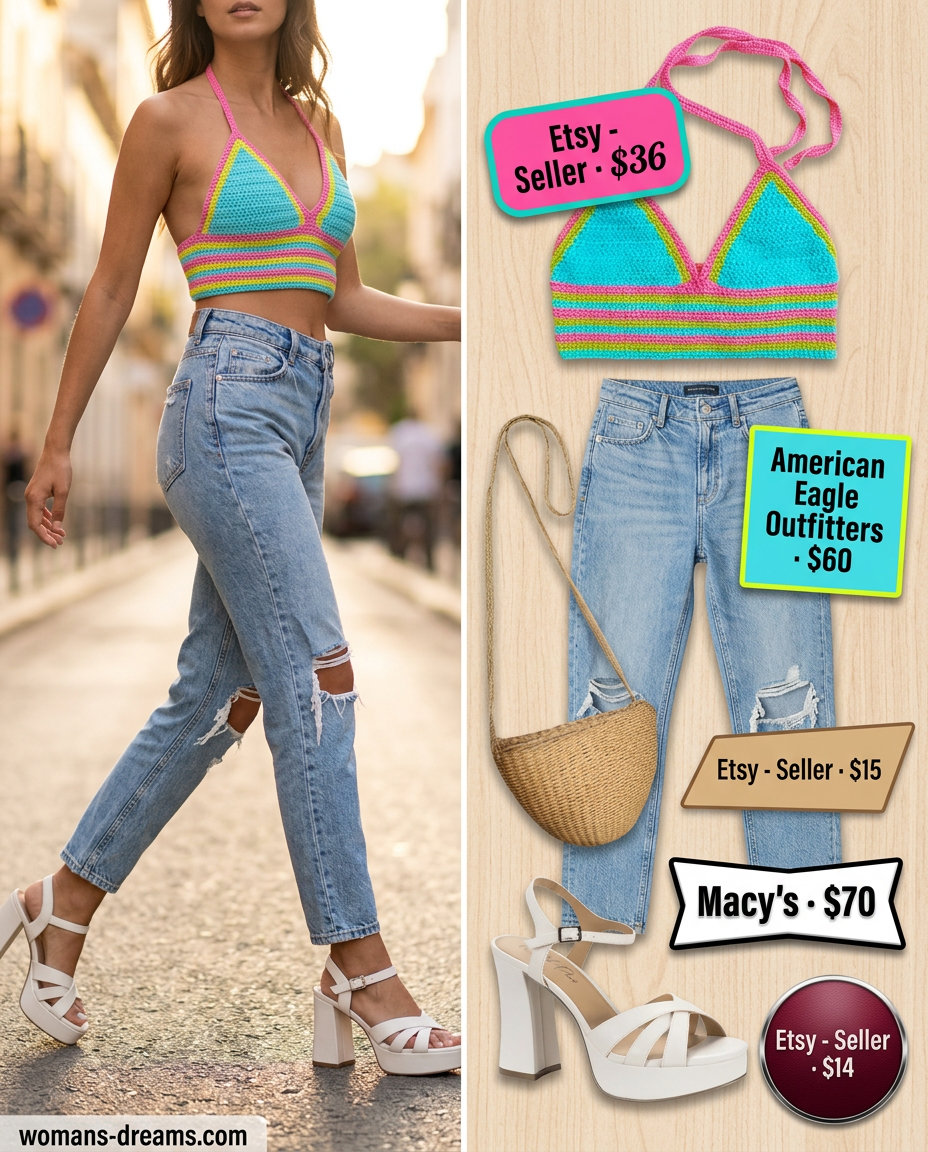 Festival outfit: crochet crop top, light wash mom jeans, platform sandals, straw bag. What to wear with mom jeans summer 2026.