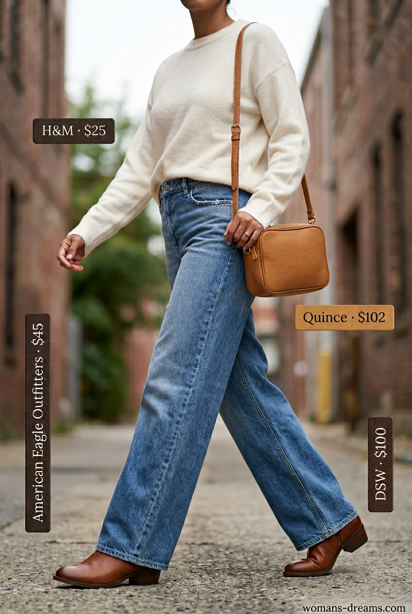Getaway outfit: mom jeans, knit sweater, beanie, leather boots, crossbody bag. What to wear with mom jeans summer 2026.