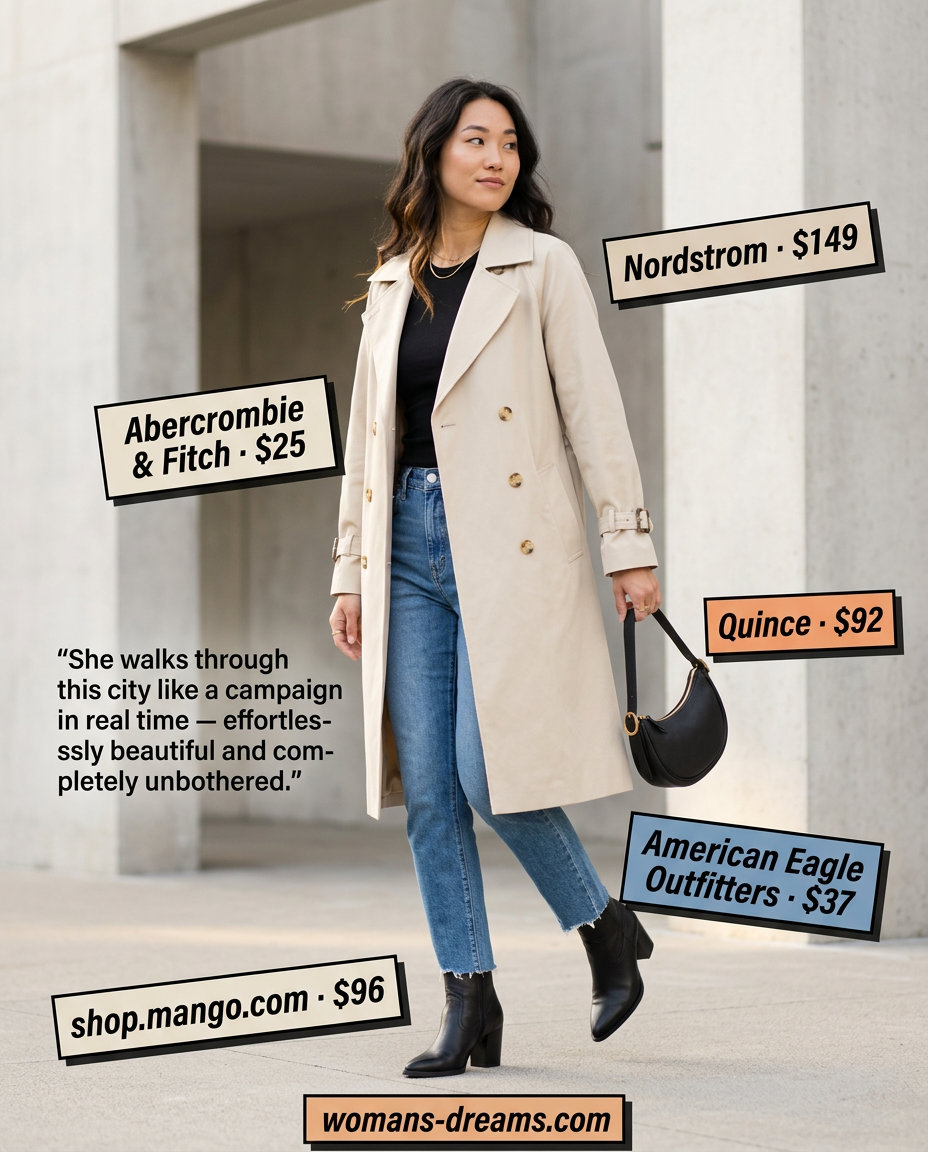 Minimalist outfit: mom jeans, trench coat, ribbed tank, leather boots, shoulder bag. What to wear with mom jeans summer 2026.