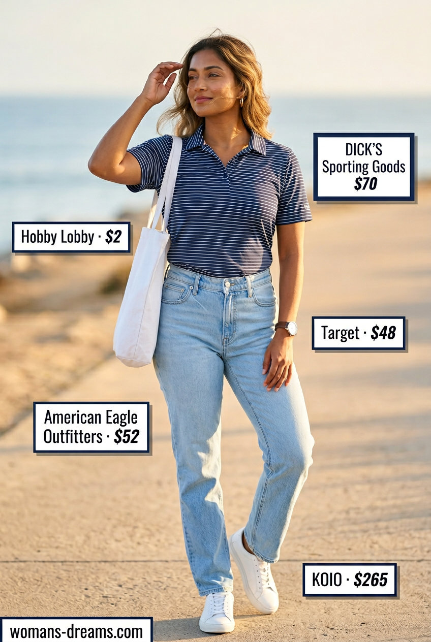 Preppy outfit: mom jeans, striped polo, sneakers, tote bag, watch. What to wear with mom jeans summer 2026.