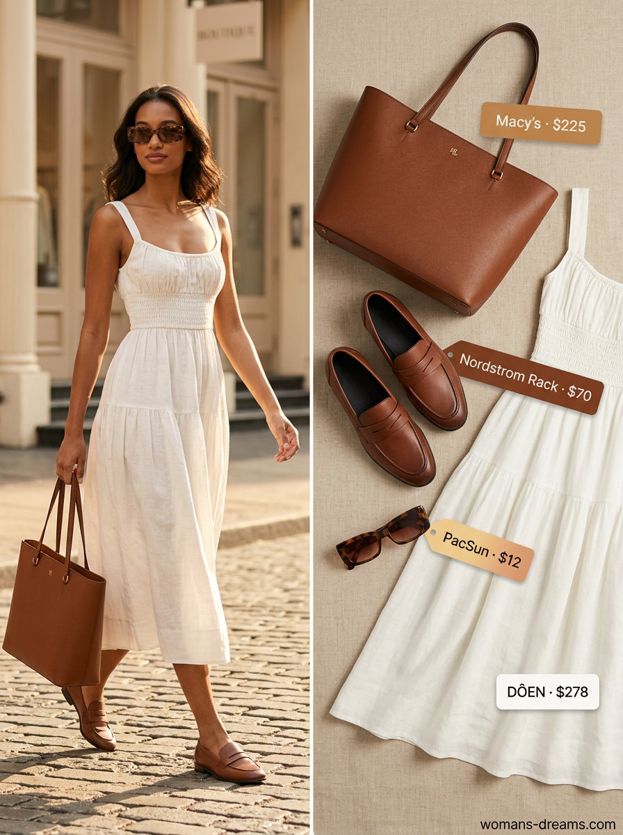 What to Wear with Babydoll Dress Summer 2026: Beige dress, brown loafers, tote bag for weekend brunch.