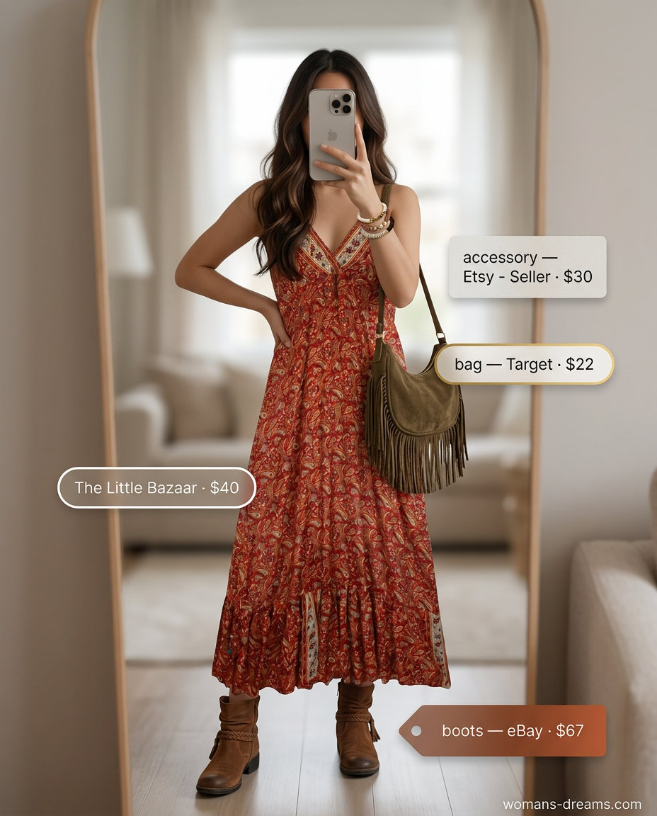 What to Wear with Babydoll Dress Summer 2026: Terracotta paisley maxi dress, fringe bag, suede boots for boho festival.