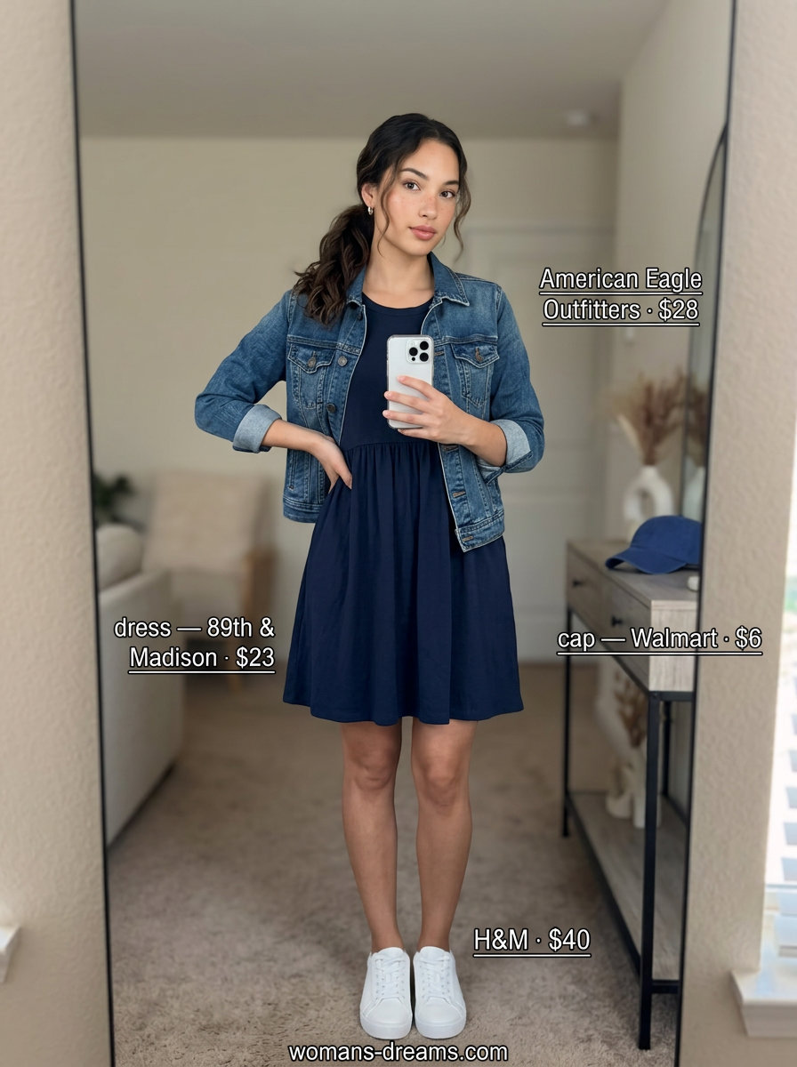 Casual cool babydoll dress outfit: Navy blue dress, denim jacket, white sneakers, canvas tote, baseball cap for summer 2026.