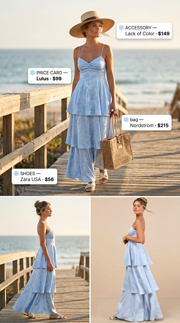 Coastal getaway maxi dress outfit: Sky blue dress, straw hat, oversized tote, slide sandals for summer 2026.