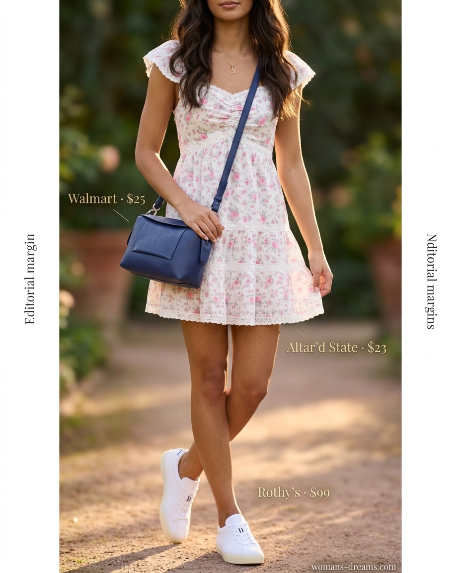 What to Wear with Babydoll Dress Summer 2026: Pastel floral babydoll mini dress, white sneakers, denim crossbody bag, gold necklace.