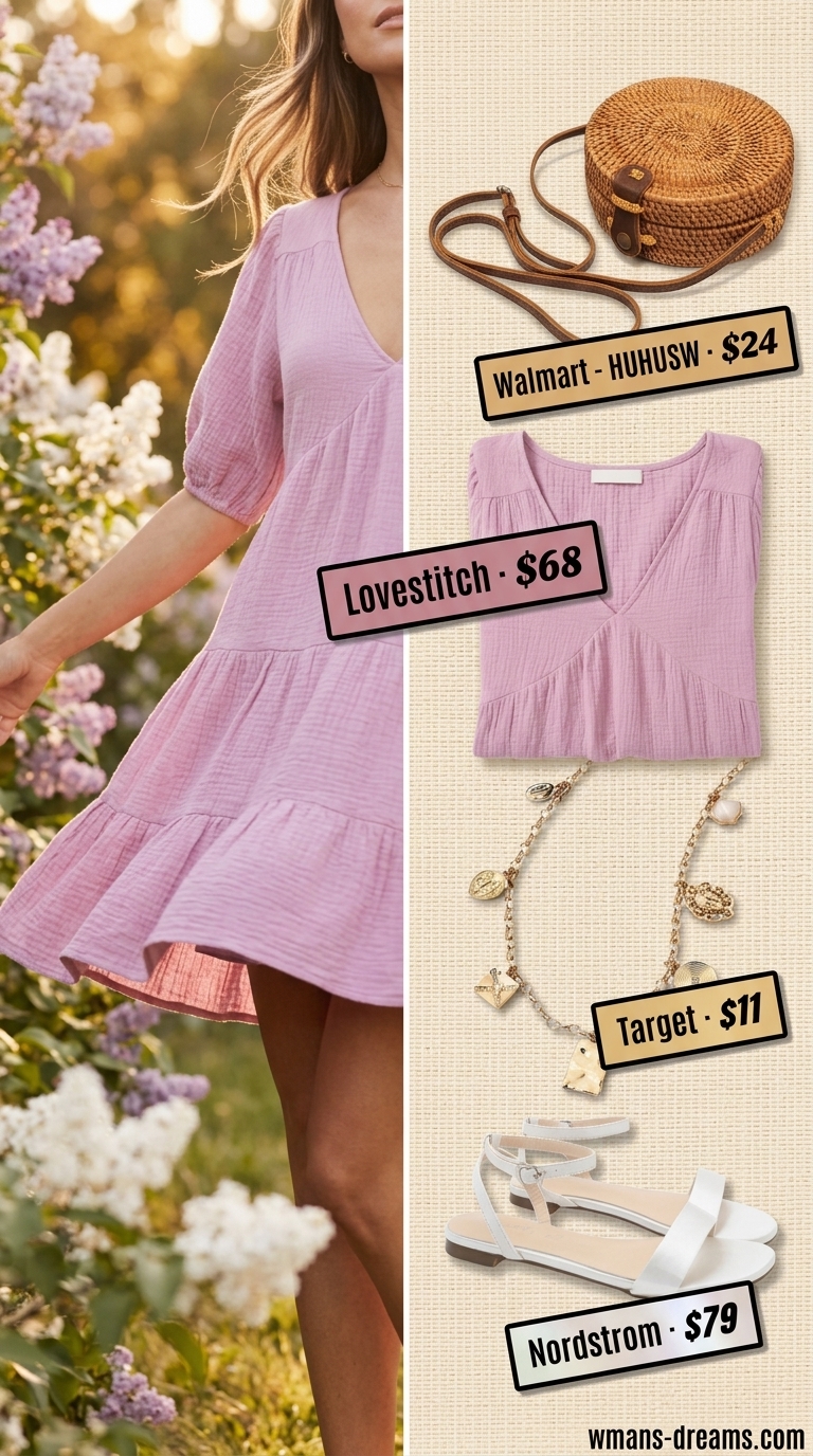 What to Wear with Babydoll Dress Summer 2026: Lilac babydoll dress, woven bag, flat sandals for date night.