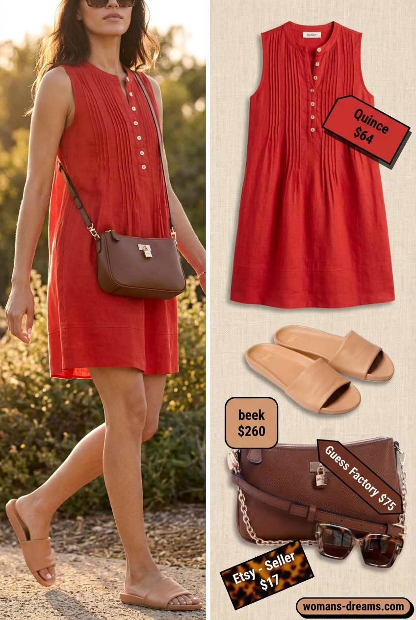 What to Wear with Babydoll Dress Summer 2026: Camel linen lounge set, tan slides, oversized sunglasses, small crossbody bag.