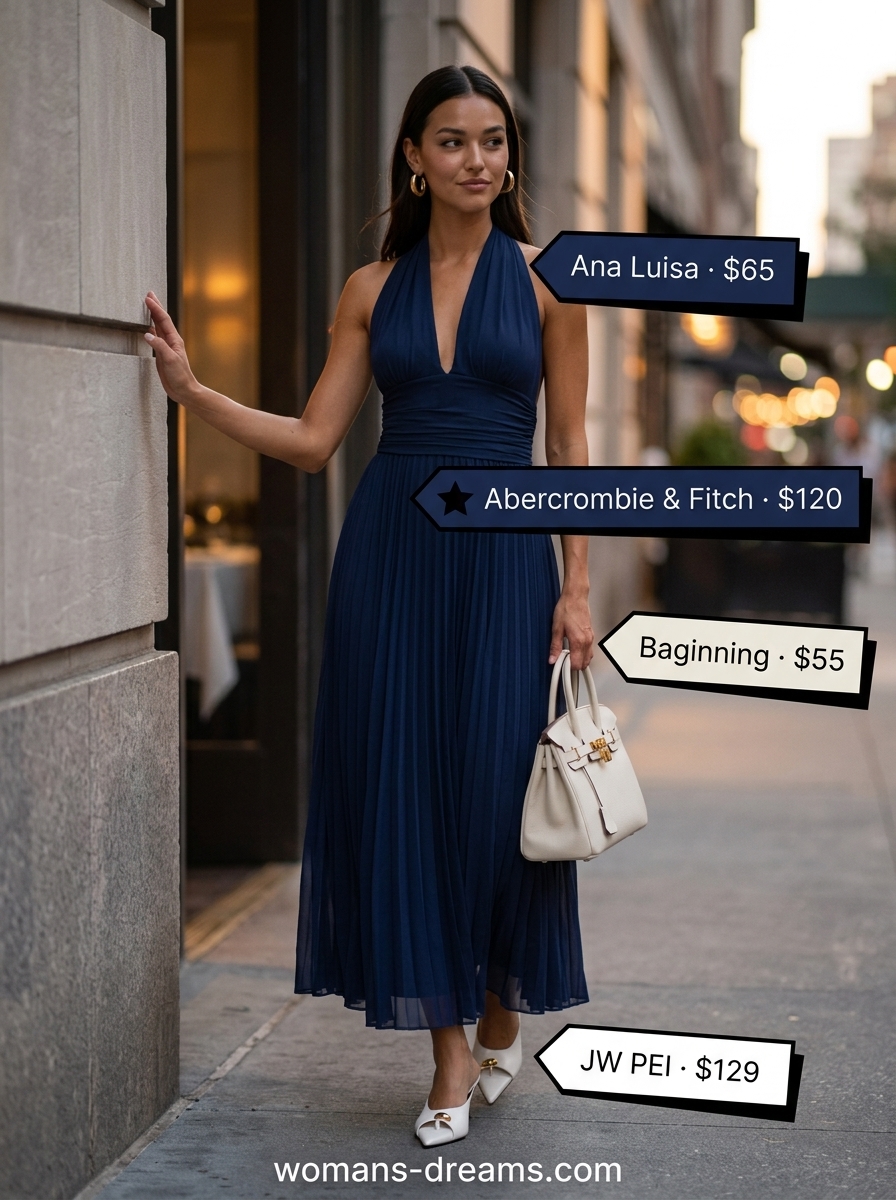 What to Wear with Babydoll Dress Summer 2026: Navy tailored jumpsuit, white bag, gold earrings, heeled mules for smart casual.