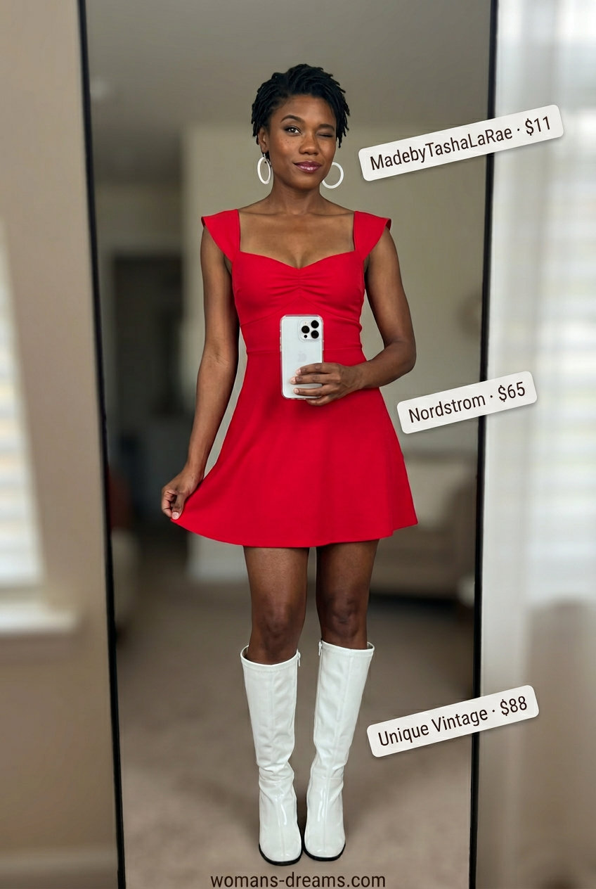 Retro vibes babydoll dress outfit: Red dress, white go-go boots, black mini bag, vinyl hoop earrings for summer 2026.