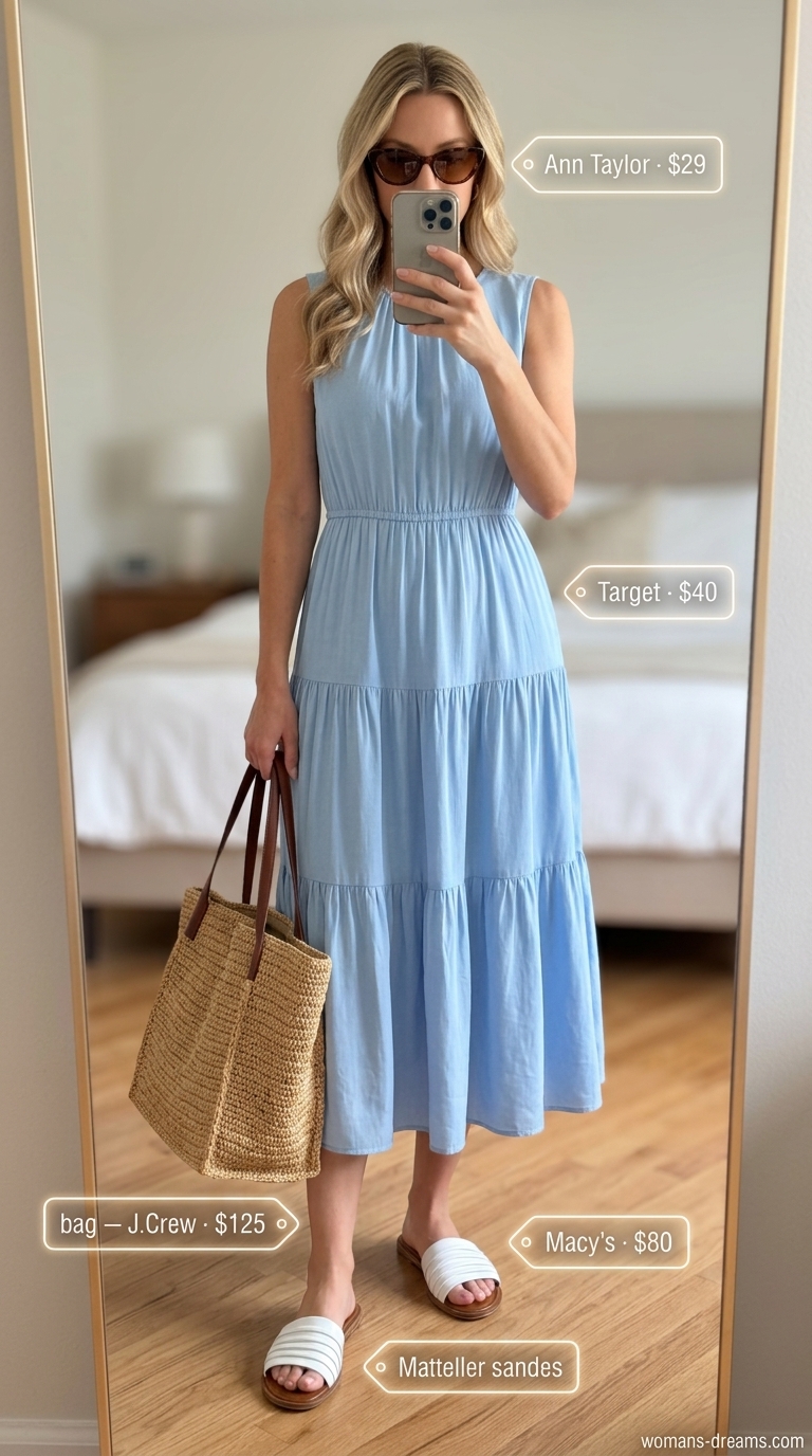 What to Wear with Babydoll Dress Summer 2026: Sky blue babydoll midi dress, straw tote, leather slides, tortoiseshell sunglasses.