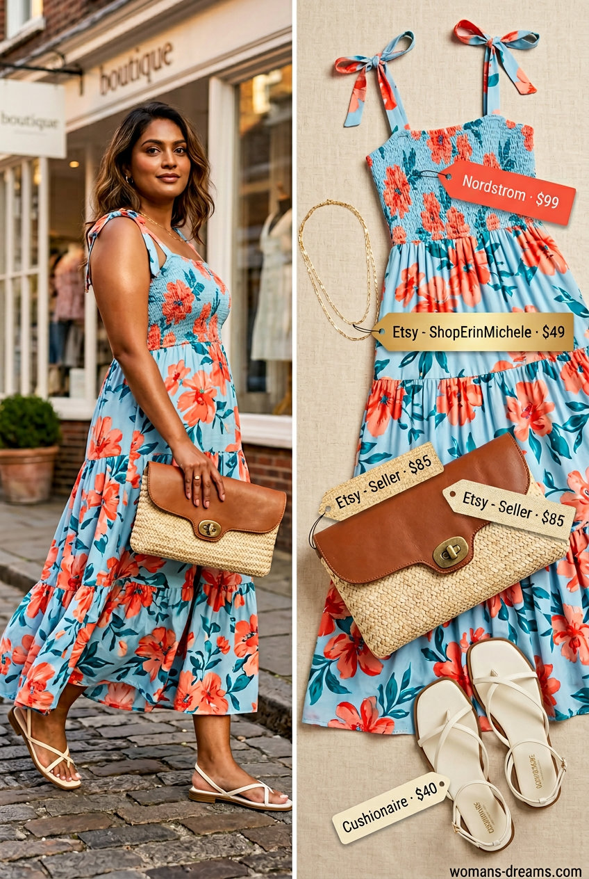 Sunset serenade maxi dress outfit: Coral floral dress, straw clutch, gold necklaces, flat sandals for summer 2026.