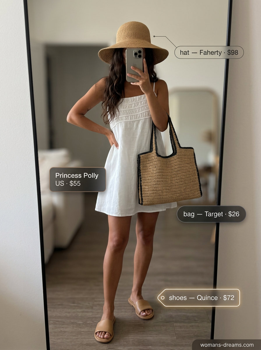 What to Wear with Babydoll Dress Summer 2026: White linen babydoll dress, straw hat, tote, and sandals for vacation.