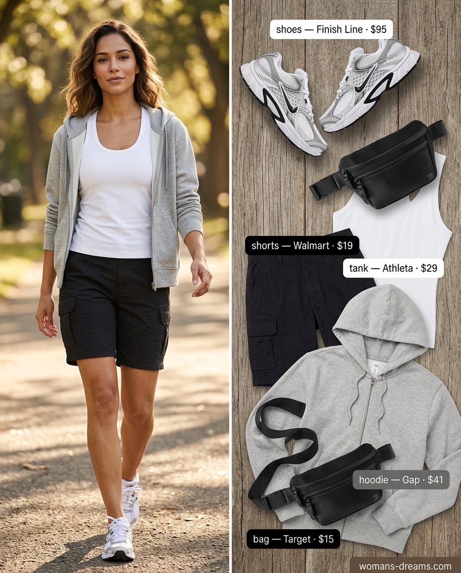 Athletic Cargo Shorts Outfit 2026 | Travel Comfort Style What to wear with cargo shorts summer 2026: Black cargo shorts, hoodie, and athletic sneakers for travel.