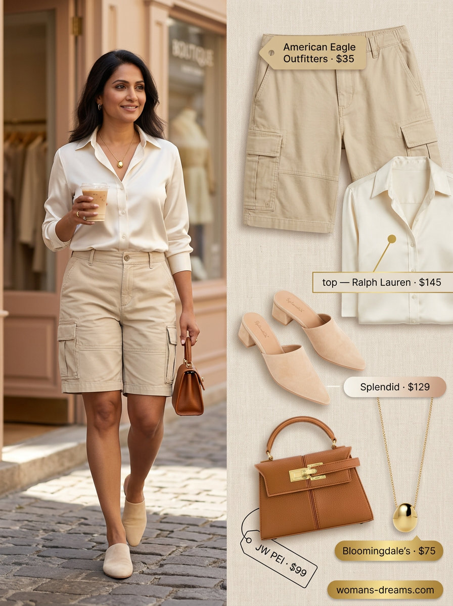 Tailored Cargo Shorts Outfit 2026 | Chic Brunch Style What to wear with cargo shorts summer 2026: Beige tailored shorts, silk blouse, and block heel mules for brunch.