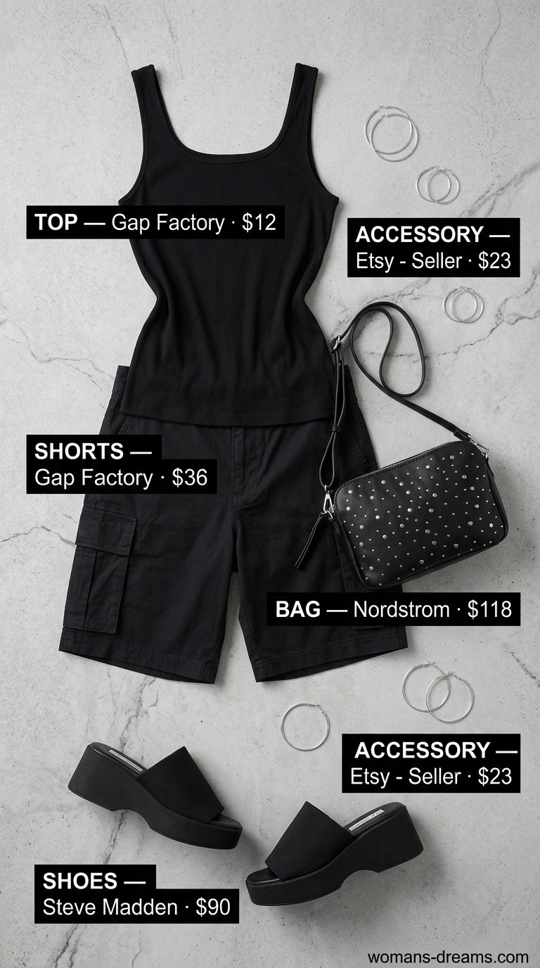 Black Cargo Shorts Outfit 2026 | Edgy Night Out Style What to wear with cargo shorts summer 2026: Black cargo shorts, tank, and platform sandals for a night out.
