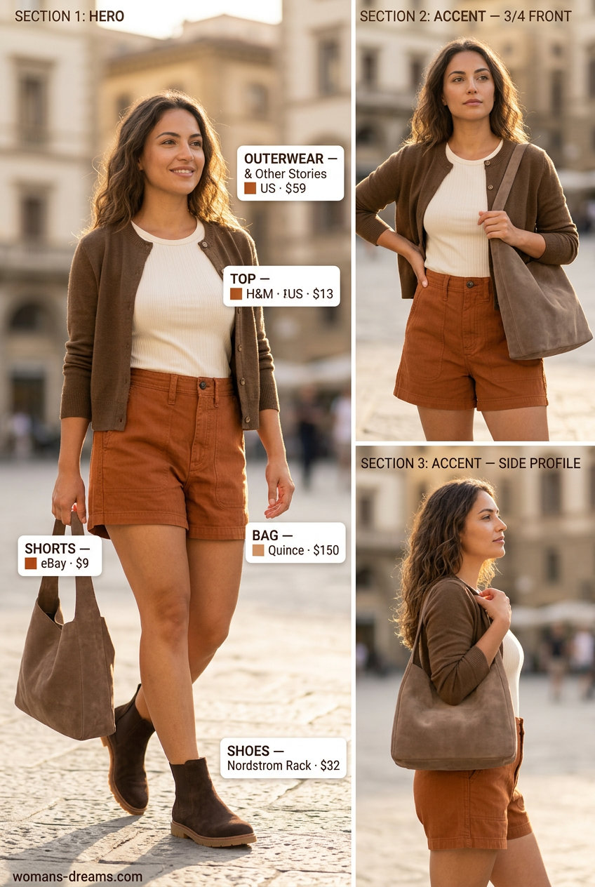 Burnt Orange Cargo Shorts Outfit 2026 | Sunset Evening Style What to wear with cargo shorts summer 2026: Burnt orange shorts, cream tank, and suede accessories for evening.