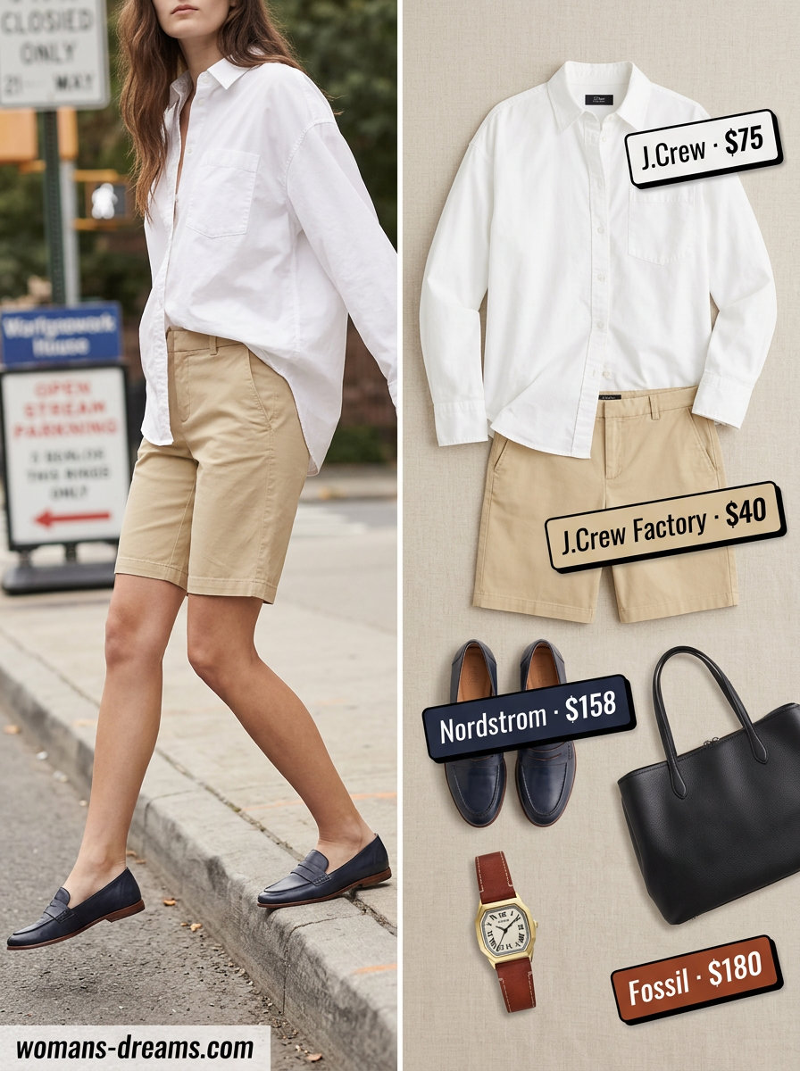 Office Casual Cargo Shorts Outfits Summer 2026 What to Wear with Cargo Shorts Summer 2026: Khaki Bermuda shorts, white button-down, and loafers for office casual.