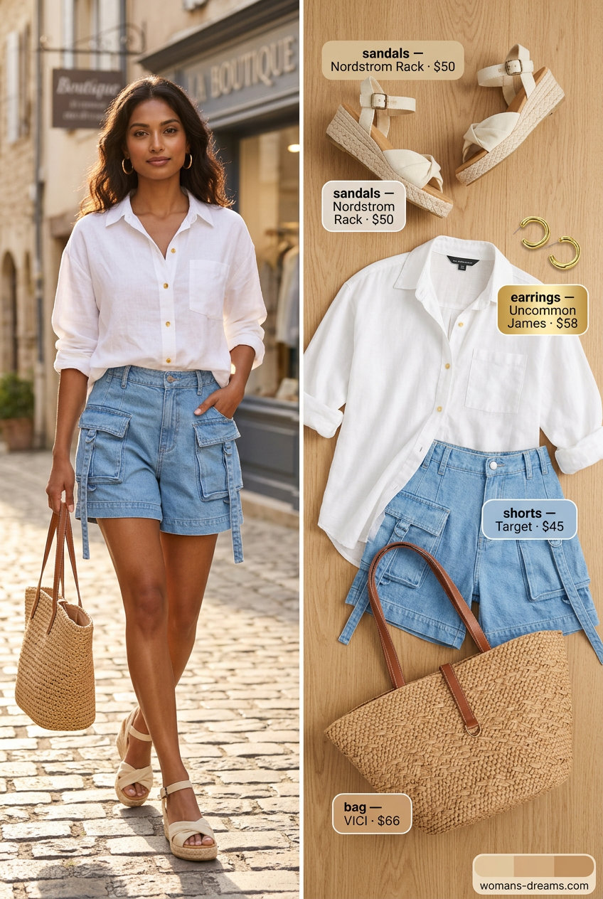 Denim Cargo Shorts Outfit 2026 | Coastal Breeze Style What to wear with cargo shorts summer 2026: Denim shorts, linen blouse, and straw tote for a coastal look.