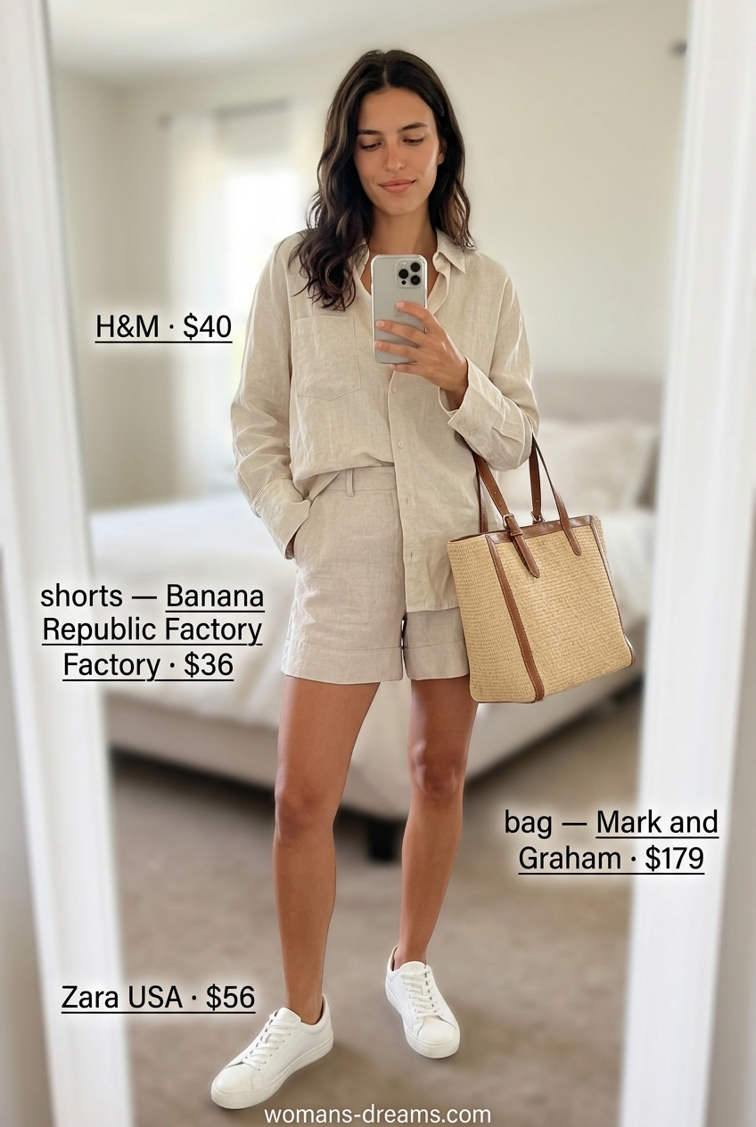 Linen Cargo Shorts Outfit 2026 | Chic Summer Dinner Style What to wear with cargo shorts summer 2026: Cream linen shorts, oversized shirt, and white sneakers for elevated casual.