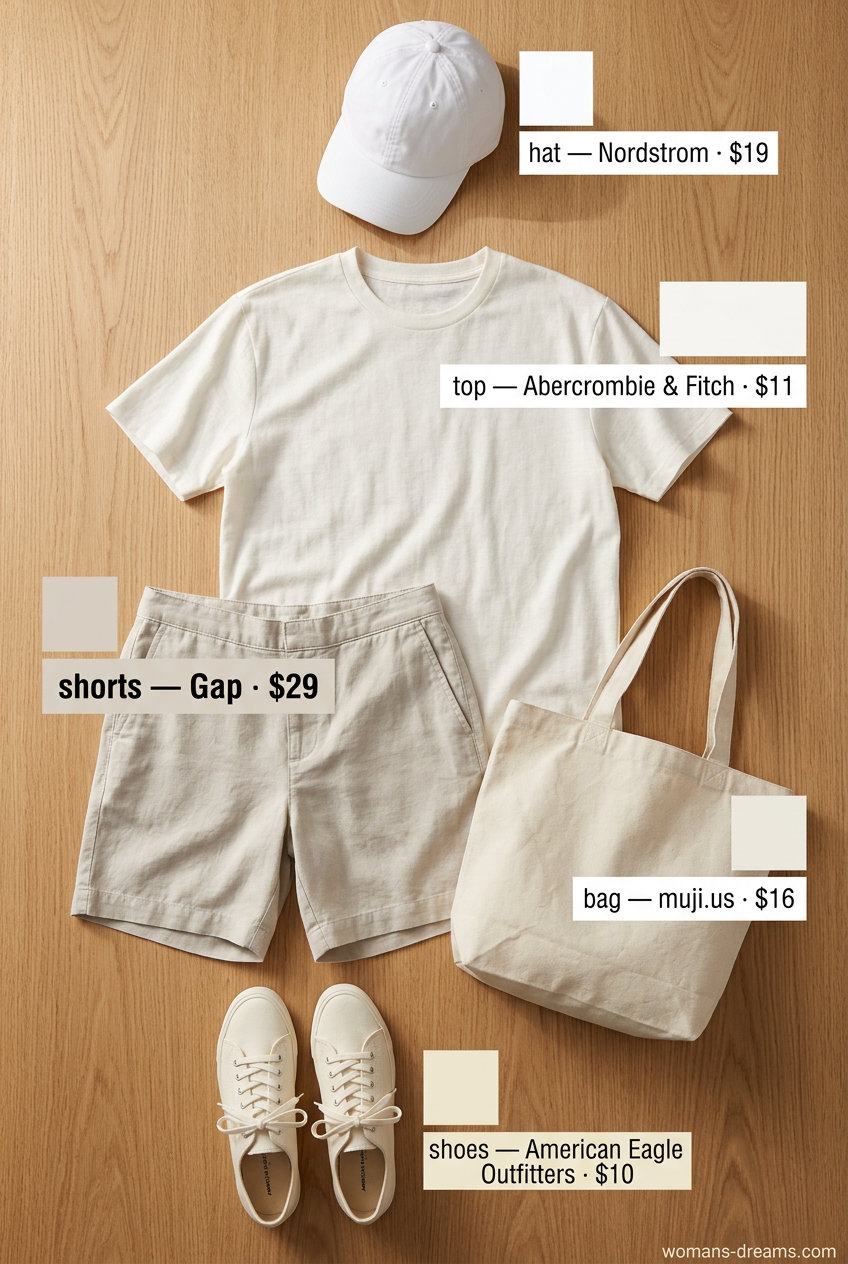 Cargo Shorts Relaxed Summer 2026 What to wear with cargo shorts: Relaxed summer outfit with light grey linen shorts, white tee, canvas sneakers, and tote bag for summer 2026.