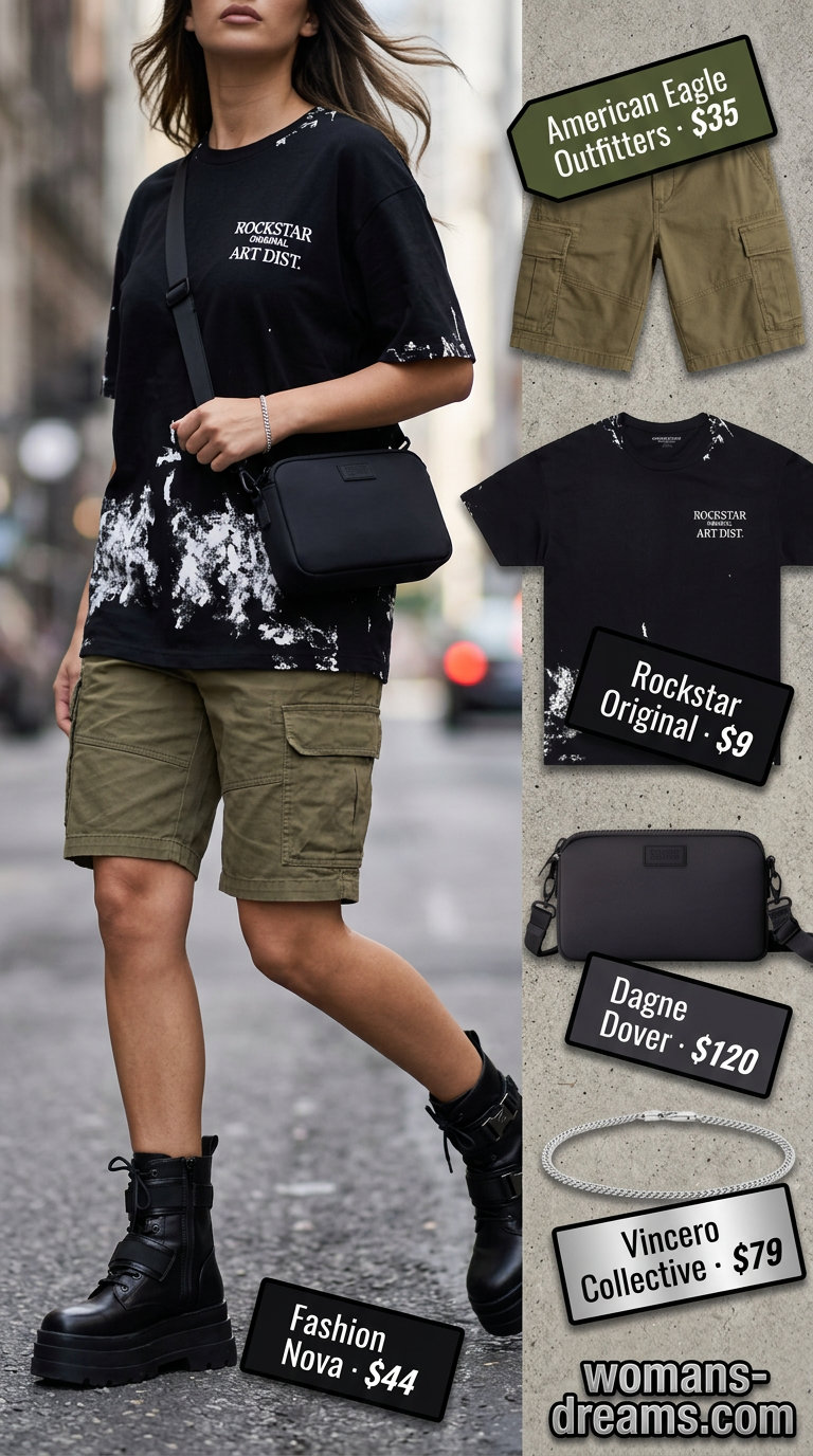 Edgy Cargo Shorts Outfits Summer 2026 What to Wear with Cargo Shorts Summer 2026: Olive cargo shorts, graphic tee, and combat boots for edgy urban style.