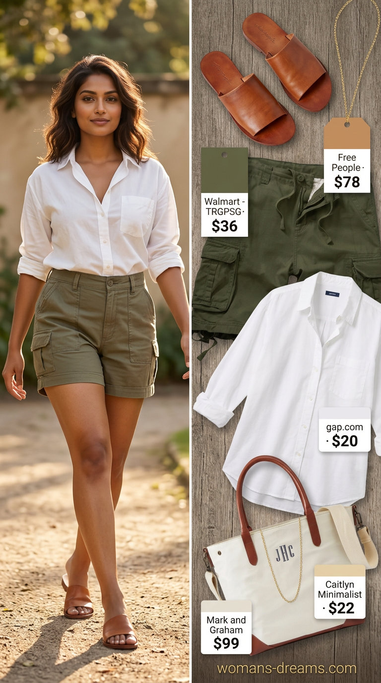 Urban Cargo Shorts Outfits Summer 2026 What to Wear with Cargo Shorts Summer 2026: Olive cargo shorts, white oversized shirt, and slide sandals for urban exploring.