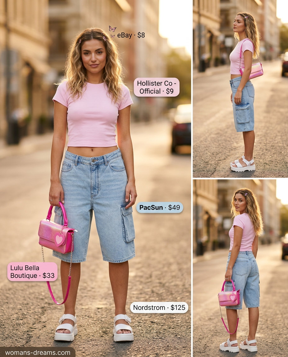 What to Wear with Cargo Shorts Summer 2026: Baggy denim shorts, baby pink tee, and platform sandals for Y2K style.