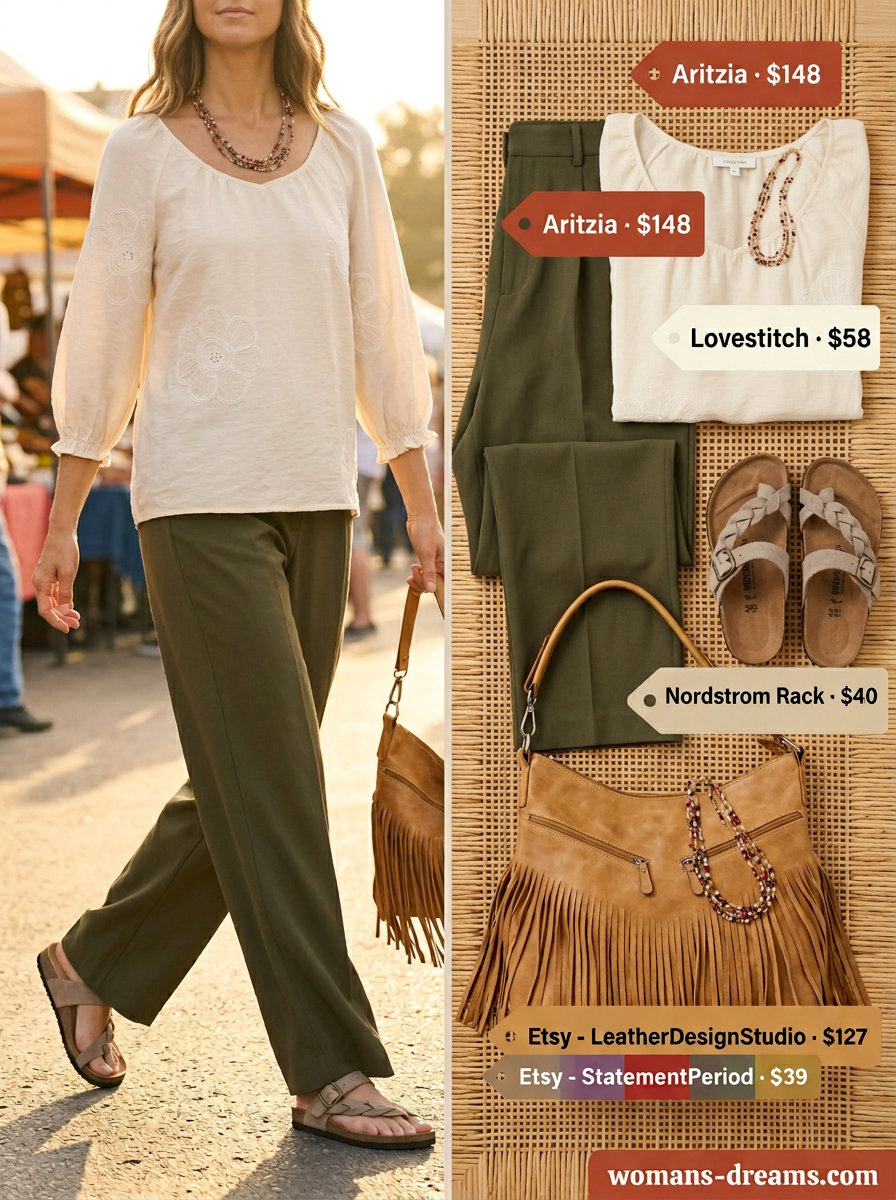 What to Wear with Flare Pants Summer 2026: Boho floral peasant blouse with tan flare pants, suede sandals, and layered necklaces.