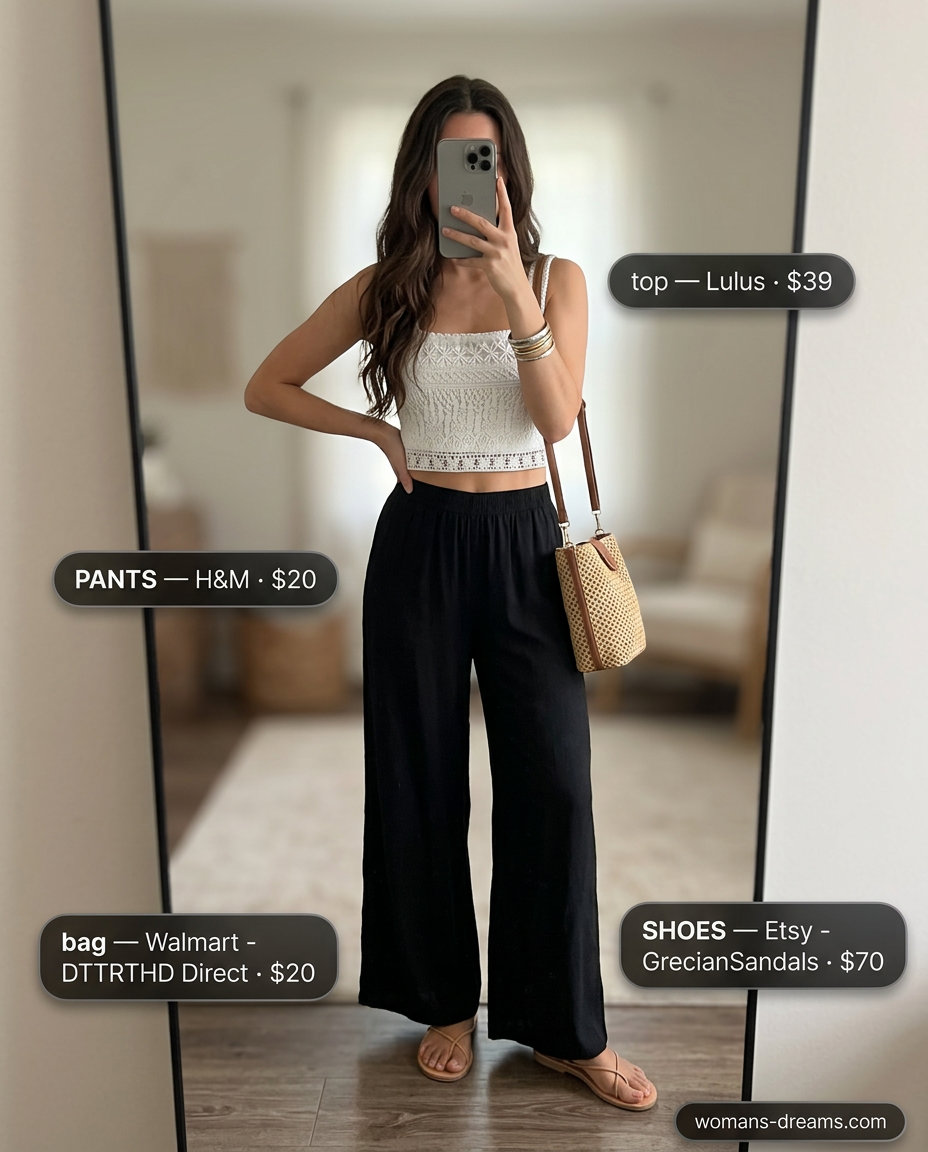 What to wear with flare pants summer 2026: Boho maxi skirt, crochet top, and gladiator sandals for a festival vibe.