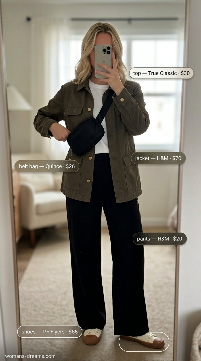 What to wear with flare pants summer 2026: Cargo shorts, utility jacket, and sneakers for a weekend getaway.