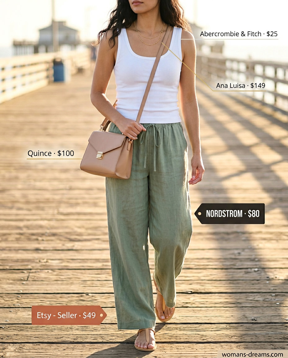 What to wear with flare pants summer 2026: Sage green linen pants, cream tank, and leather sandals for a chic coastal vibe.