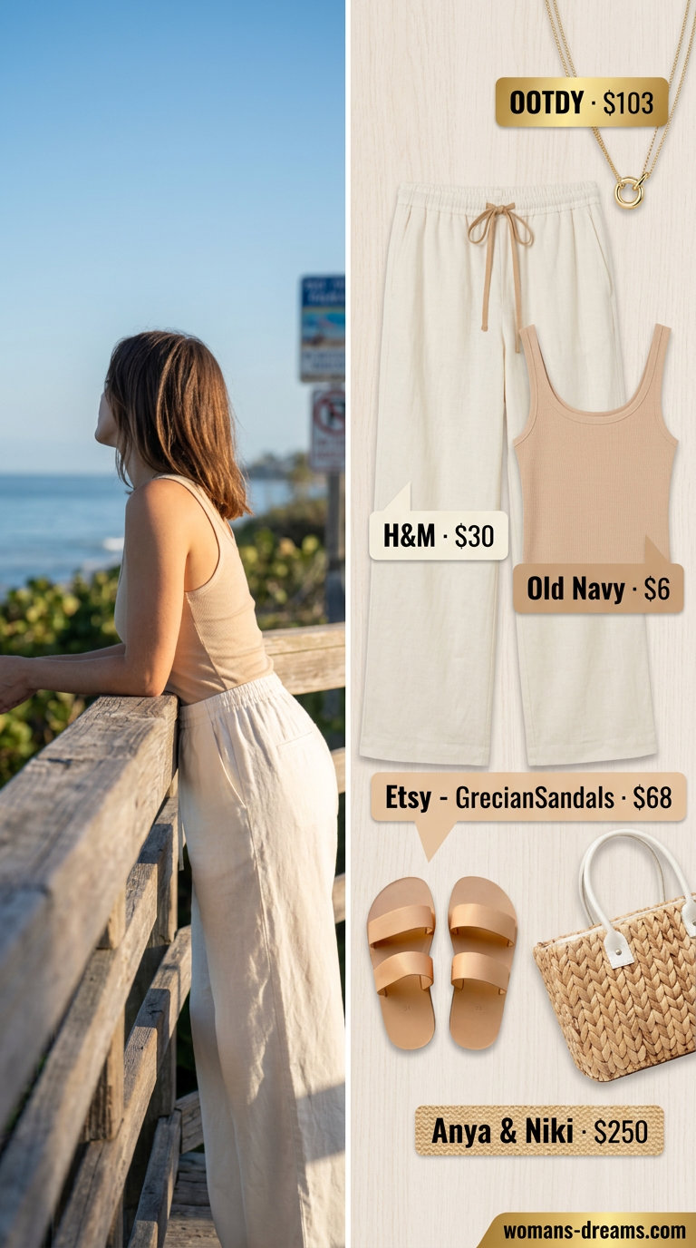 What to Wear with Flare Pants Summer 2026: Cream linen pants, ribbed tank, straw tote, slides, and gold necklaces.