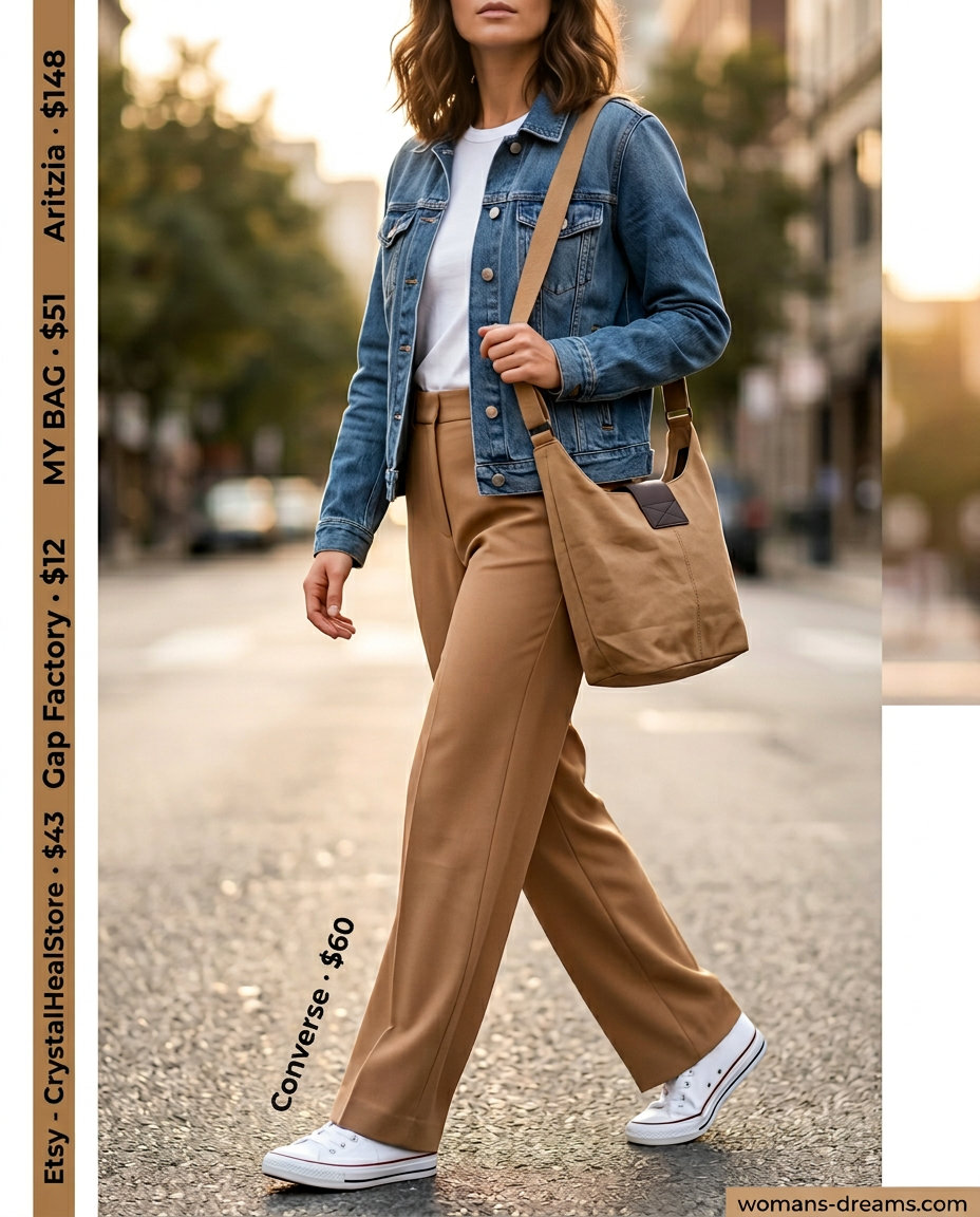 What to Wear with Flare Pants Summer 2026: Denim jacket, white tee, flare pants, sneakers, and canvas bag.