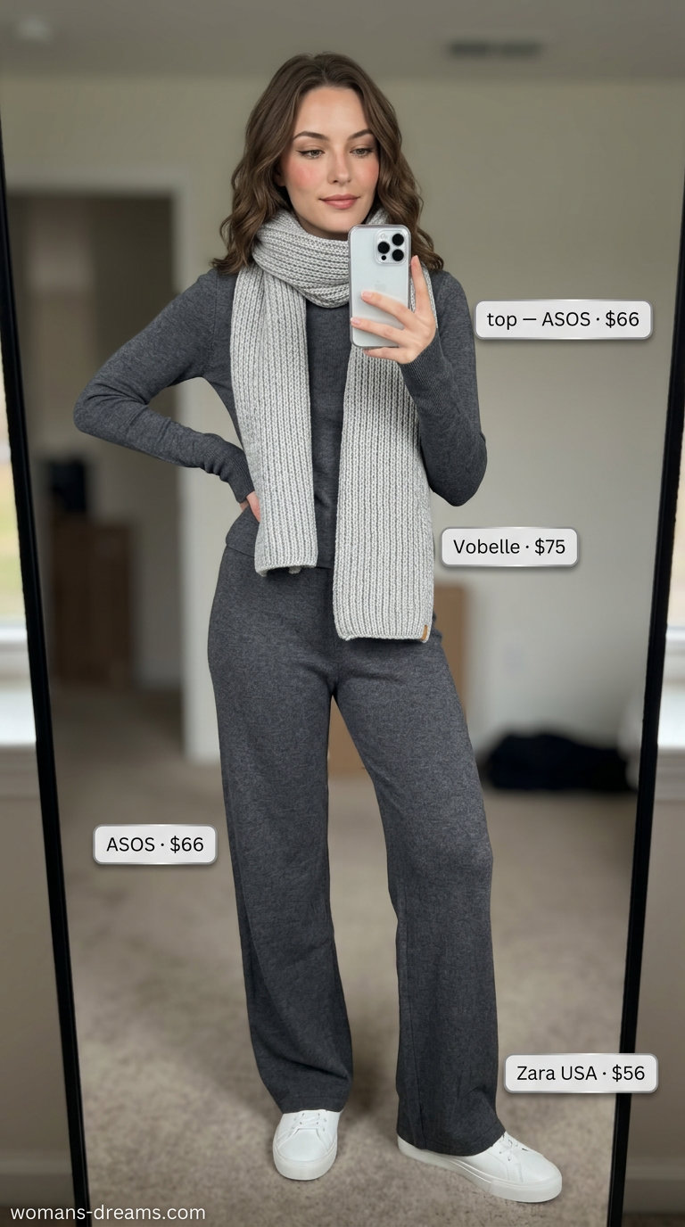 What to wear with flare pants summer 2026: Charcoal knit set, oversized scarf, and sneakers for elevated athleisure.