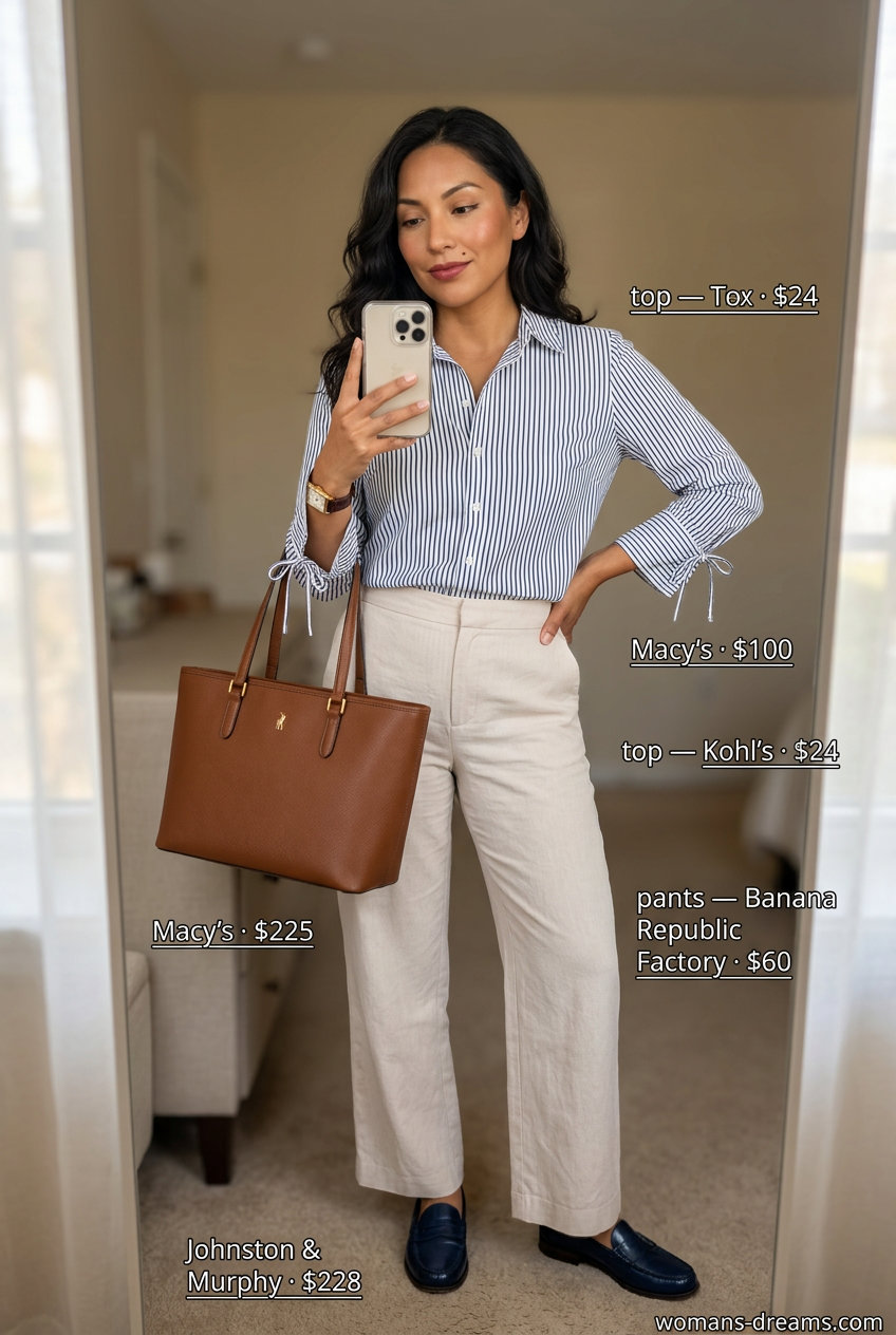 What to wear with flare pants summer 2026: Camel linen pants, striped shirt, and loafers for a polished casual look.