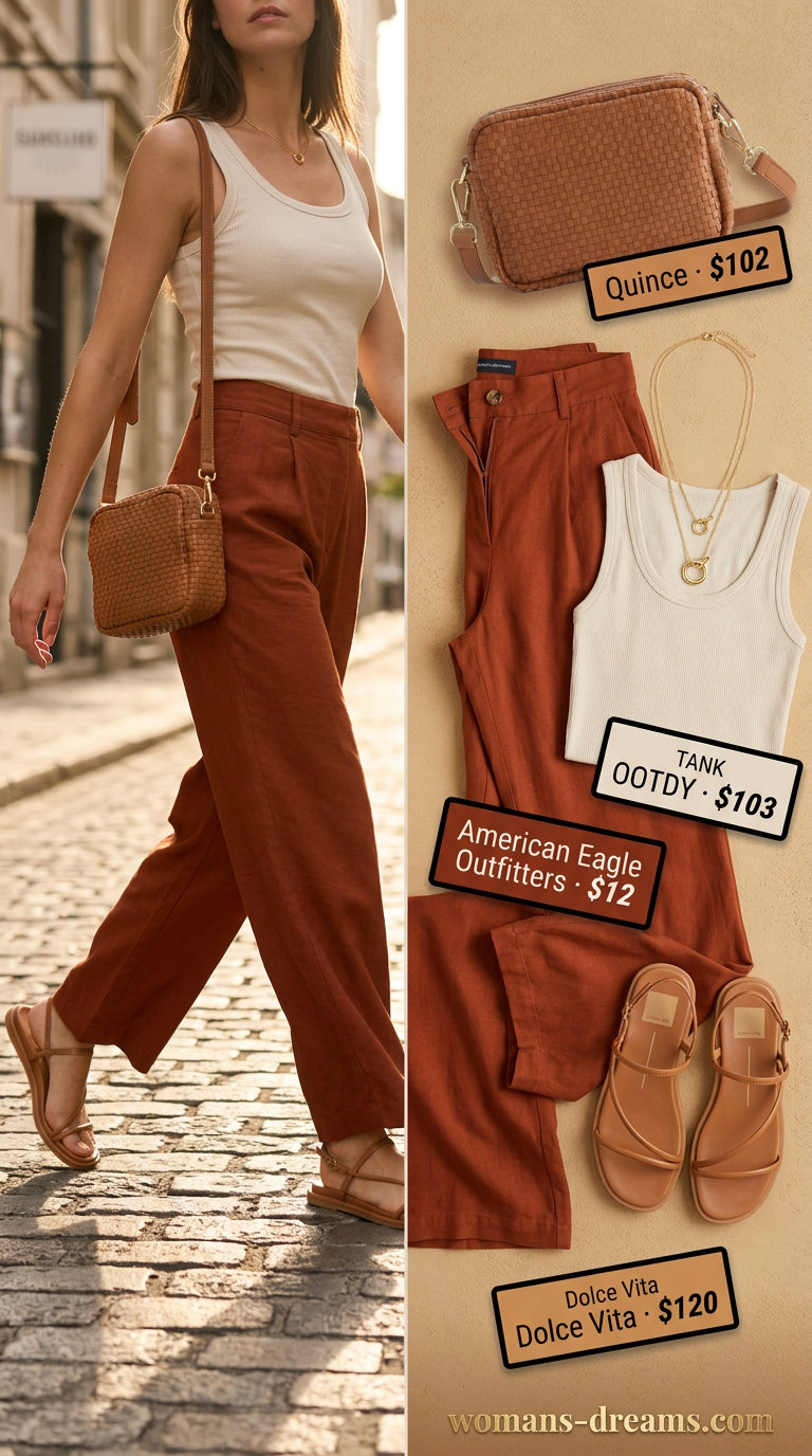 What to Wear with Flare Pants Summer 2026: Rust linen flare pants, cream tank top, leather sandals, and layered gold necklaces.