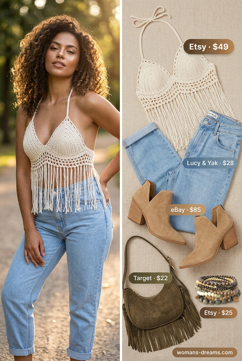 What to Wear with Mom Jeans Summer 2026: Boho festival outfit with crochet top, light wash mom jeans, suede boots, and fringe bag.