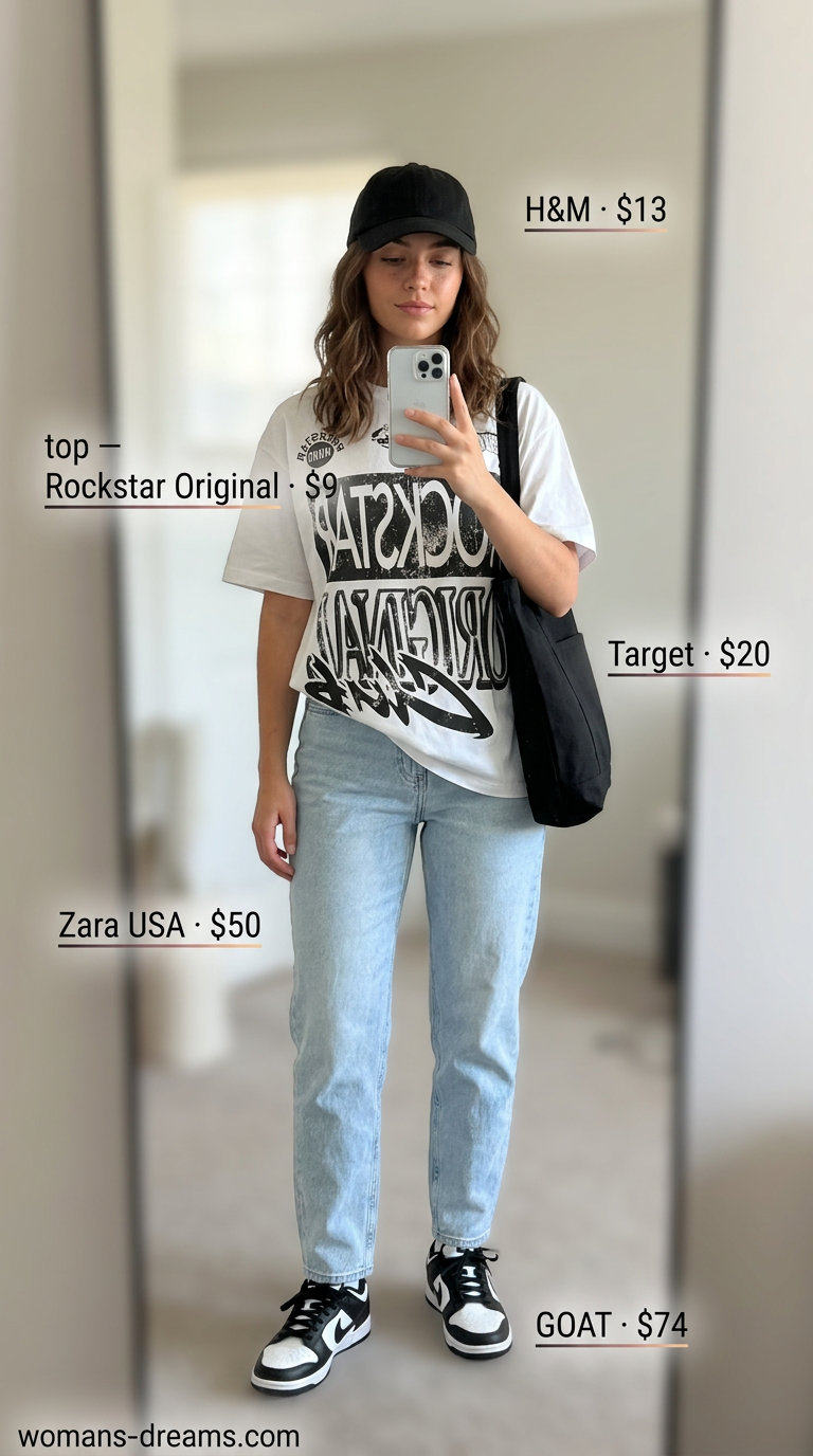 Casual comfort outfit: light mom jeans, graphic tee, sneakers, baseball cap. What to Wear with Mom Jeans Summer 2026.